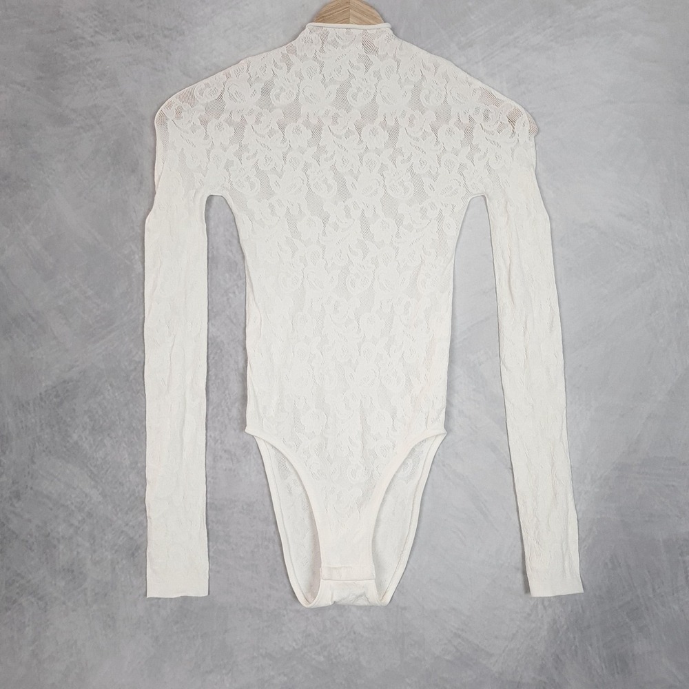 SKIMS Knit Lace Bodysuit Womens S/M White Long Sleeve Sheer Floral Mock Neck